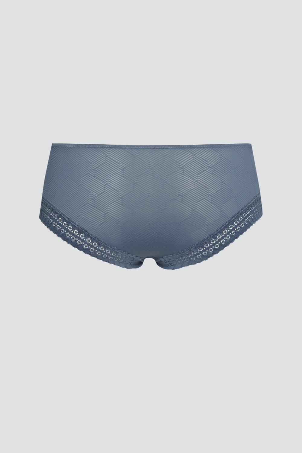 Produktbild Rückansicht Panty von Comazo in der Farbe Stahl mit verführerischen Spitzendetails und grafischem Muster