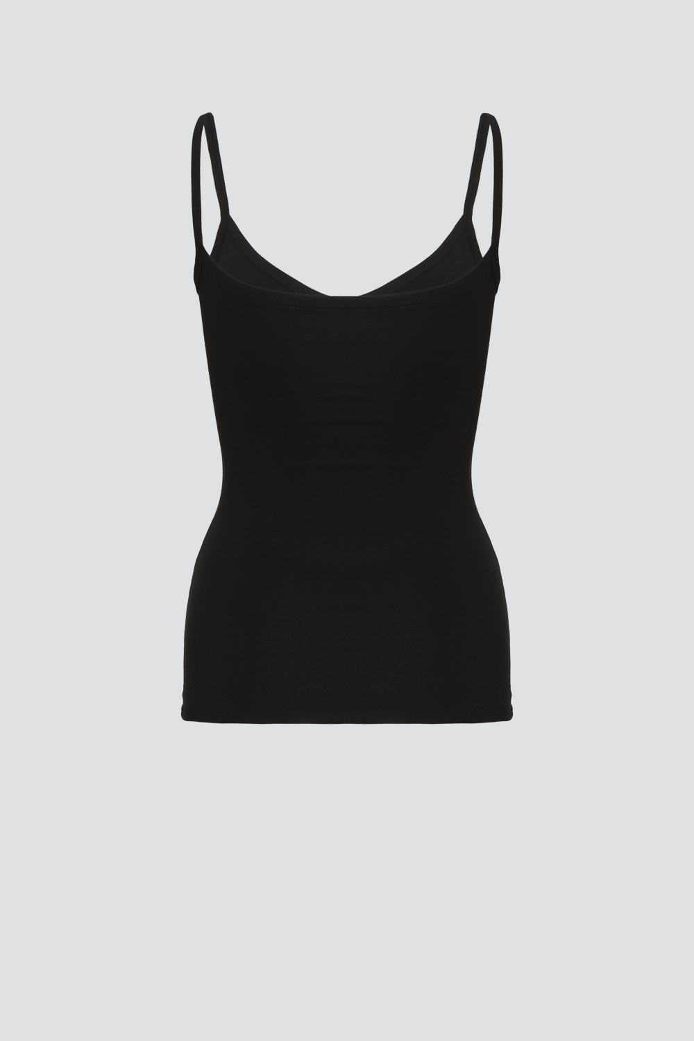 Produktbild Rückansicht Comazo Damen Unterhemd aus Pima-Baumwolle und Micromodal mit schmalen Träger und V-Ausschnitt Farbe Schwarz