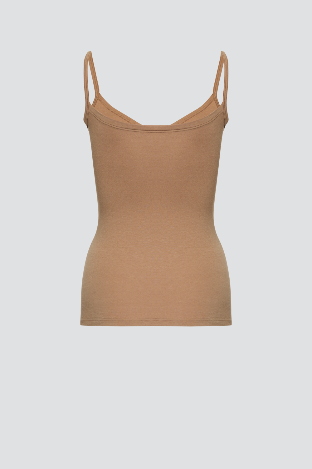 Produktbild Rückansicht Comazo Damen Unterhemd aus Pima-Baumwolle und Micromodal mit schmalen Träger und V-Ausschnitt Farbe Biscotti