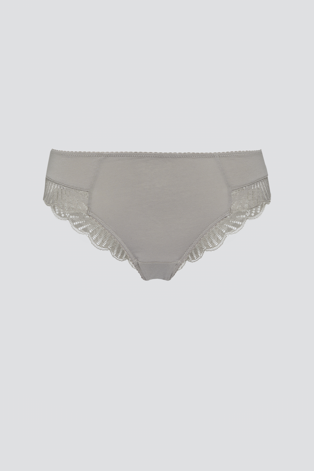 Produktbild Vorderansicht Fairtrade Mini-Slip von Comazo in der Farbe Stone mit Spitzeneinsätzen