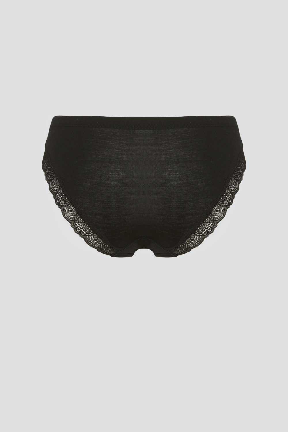 Produktbild Rückansicht Wolle-Seide Jazz-Pants von Comazo in der Farbe Schwarz mit feiner Spitze an den hinteren Beinabschlüssen, Wolle aus garantiert schonender Schermethode