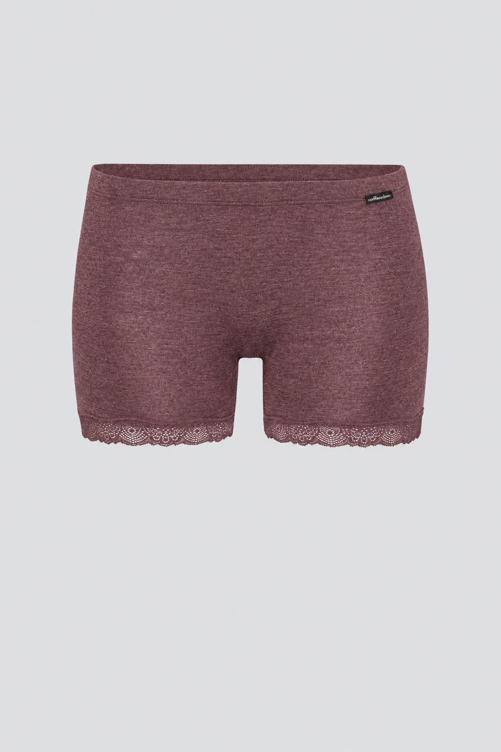 Produktbild Vorderansicht Wolle-Seide Panty von Comazo in der Farbe Kastanie mit feiner Spitze an den Beinabschlüssen, Wolle aus garantiert schonender Schermethode