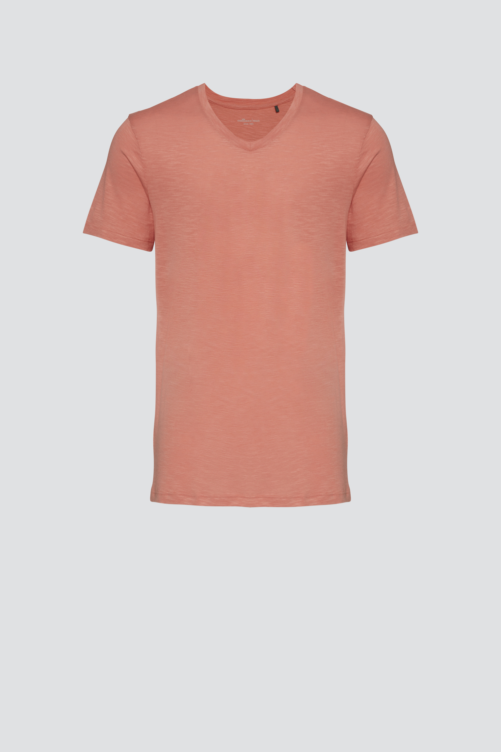 Product image front view Comazo men's short-sleeve shirt made from slub yarn in papaya color.