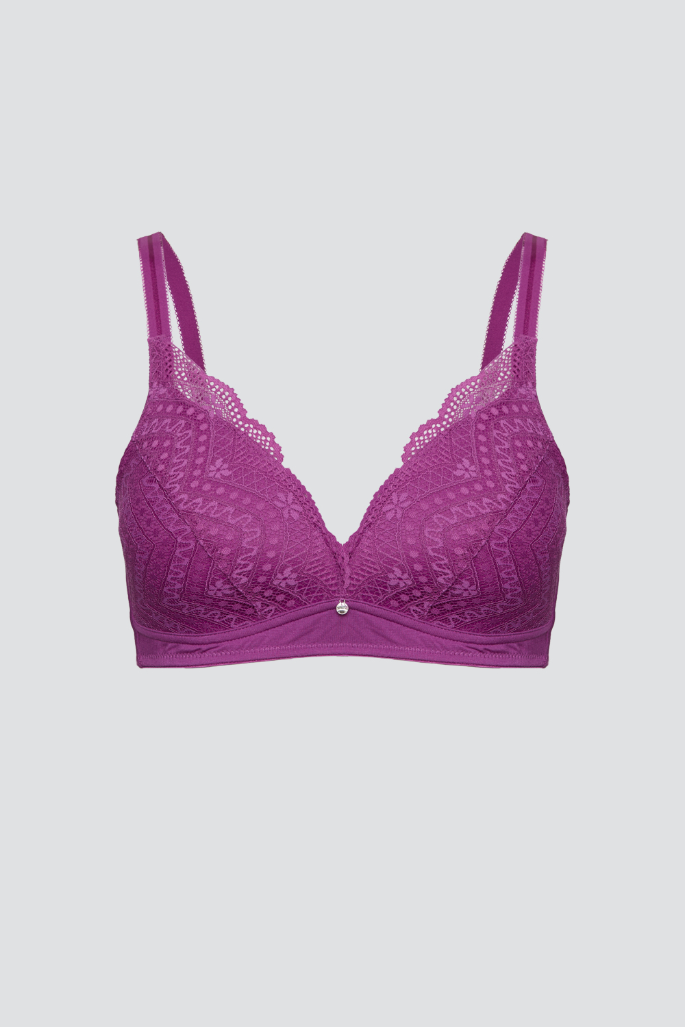 Product image front view Comazo women's bra in the color Magenta, made of modal with lace detailing.