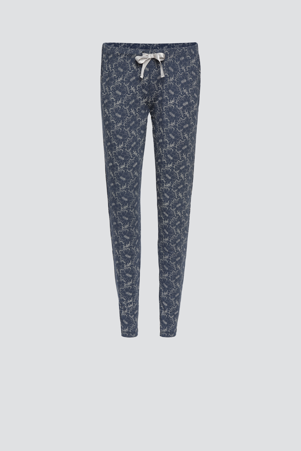 Produktbild Vorderansicht Comazo Damen Schlafhose aus Micromodal Farbe Marine bedruckt