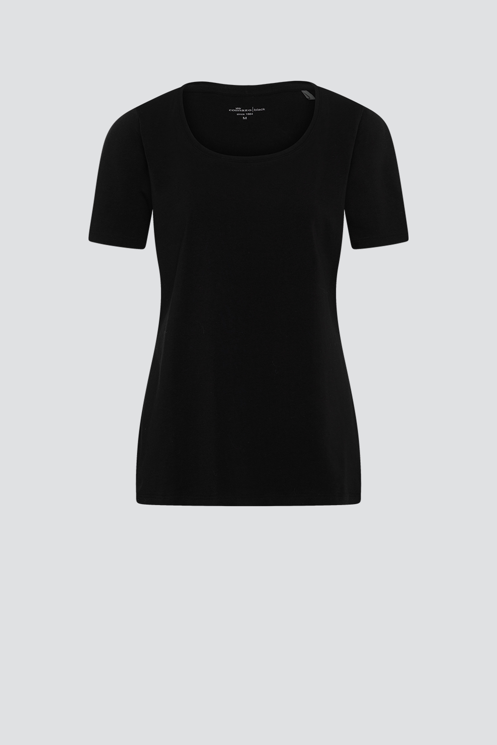 Product image front view of basic short-sleeve shirt by Comazo in the color Black with a crew neckline.