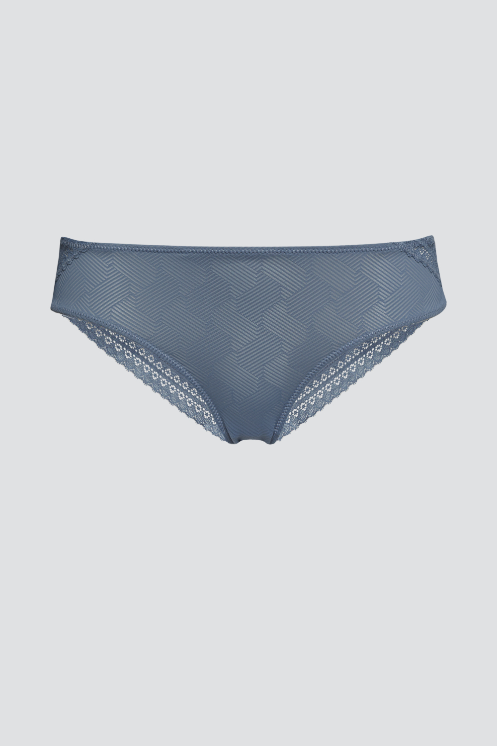 Produktbild Vorderansicht Jazz-Pants von Comazo in der Farbe Stahl mit verführerischen Spitzendetails und grafischem Muster
