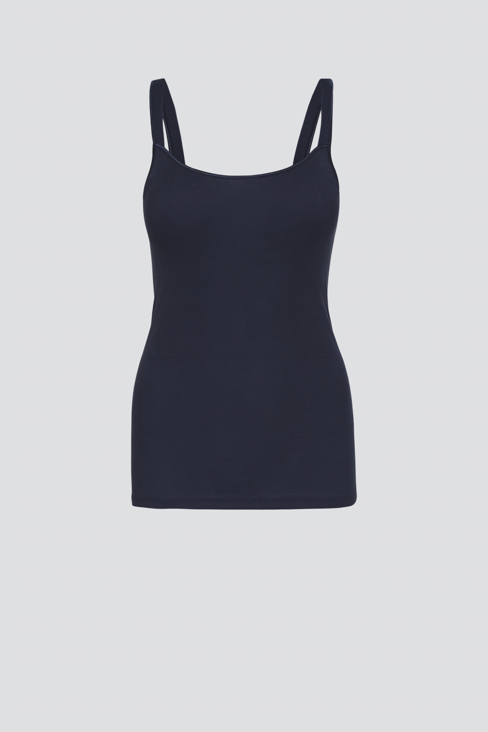 Product image front view fine rib tank top with wide straps by Comazo in the color navy made of 100% cotton