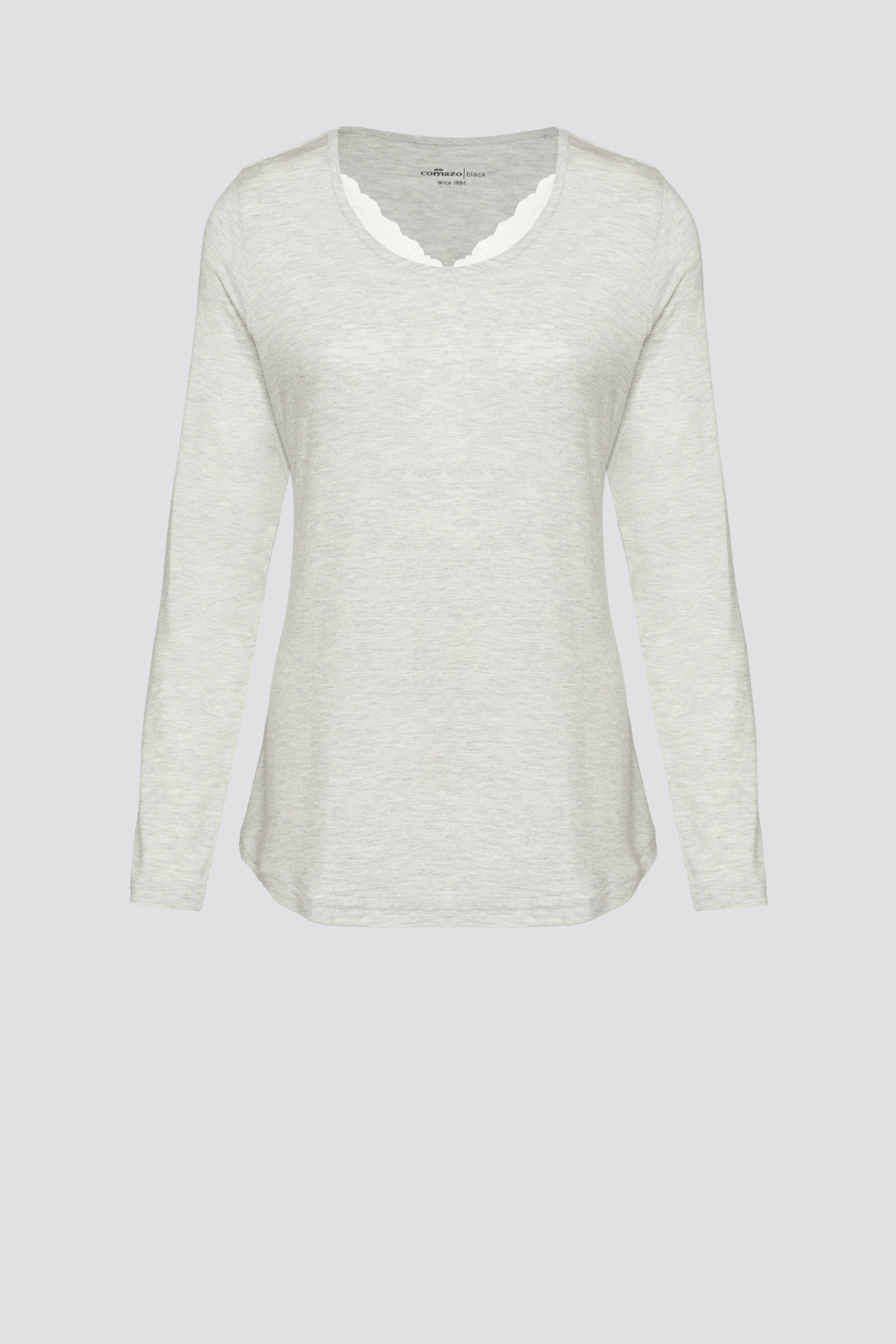 Produktbild Vorderansicht Langarm-Schlafshirt aus Micromodal von Comazo in der Farbe Grau mit zarten Spitzen-Details