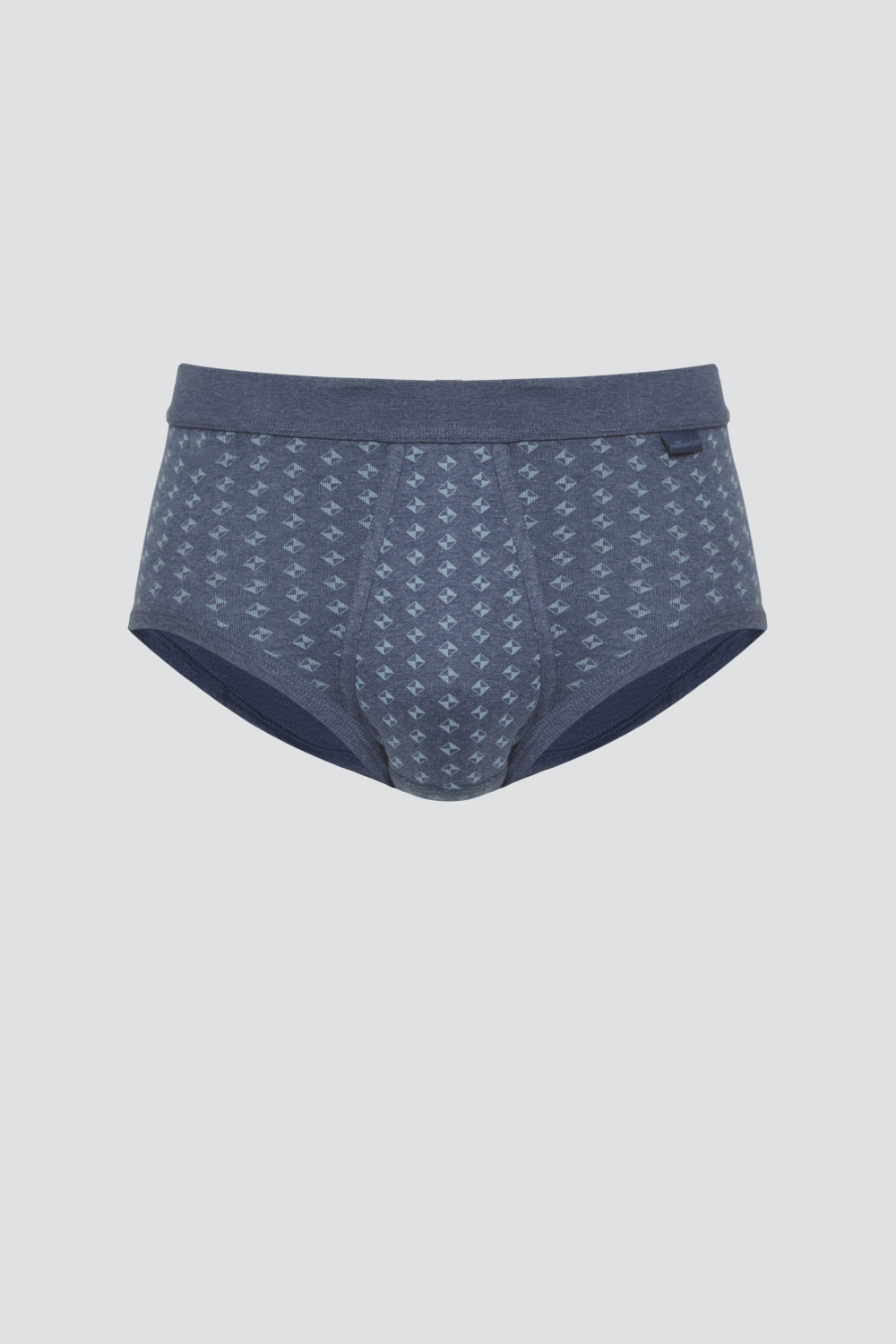 Produktbild Vorderansicht Comazo Herren Slip mit Eingriff aus 100% Baumwolle Farbe Blau-Melange mit Muster