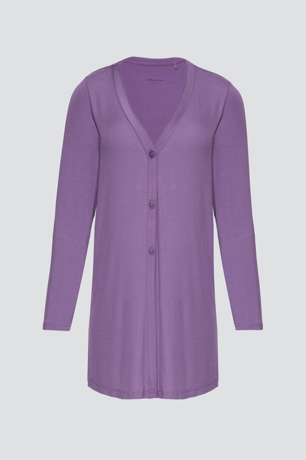 Produktbild Vorderansicht Langarm-Jacke aus Micromodal von Comazo in der Farbe Purple mit Knopfleiste