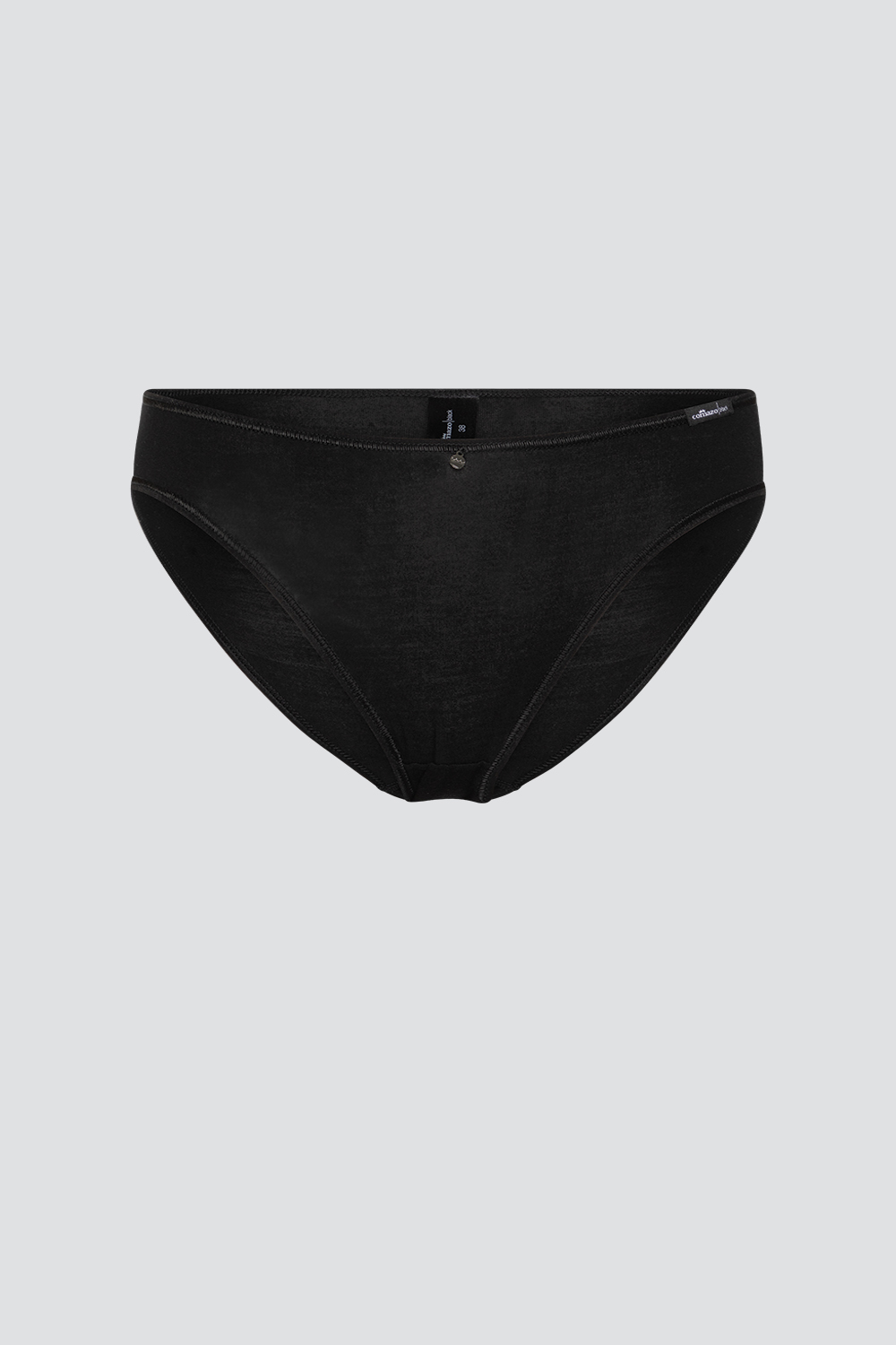 Produktbild Vorderansicht Jazz-Pants von Comazo in der Farbe Schwarz aus MicroModal® mit edlem Schmuck-Anhänger