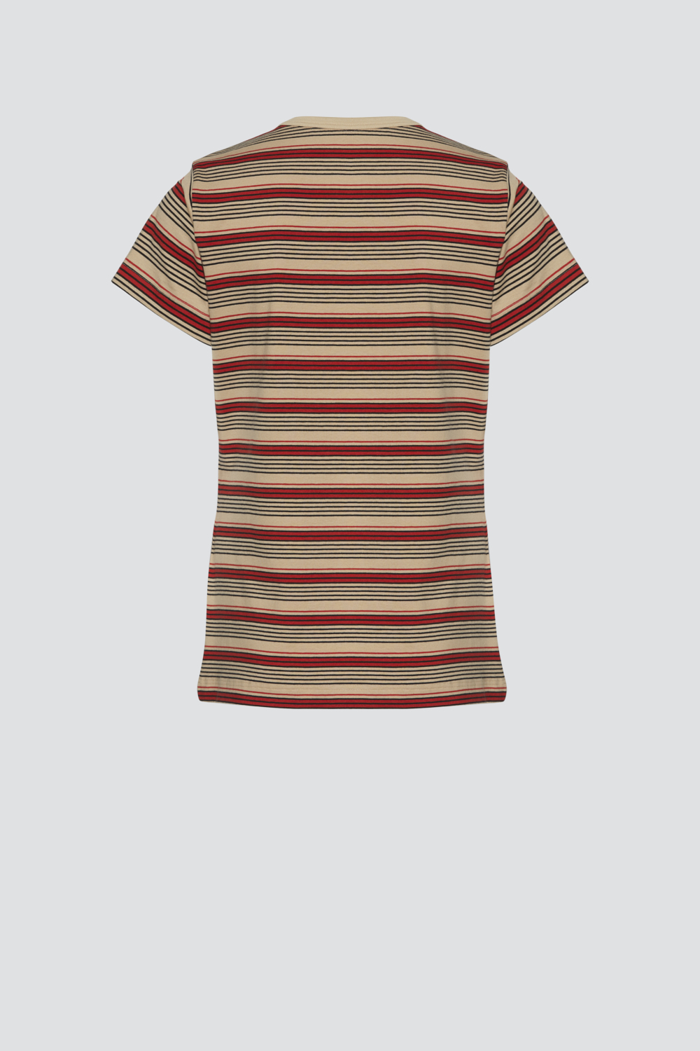 Product image rear view of Comazo women's short-sleeve shirt in beige/red striped color.