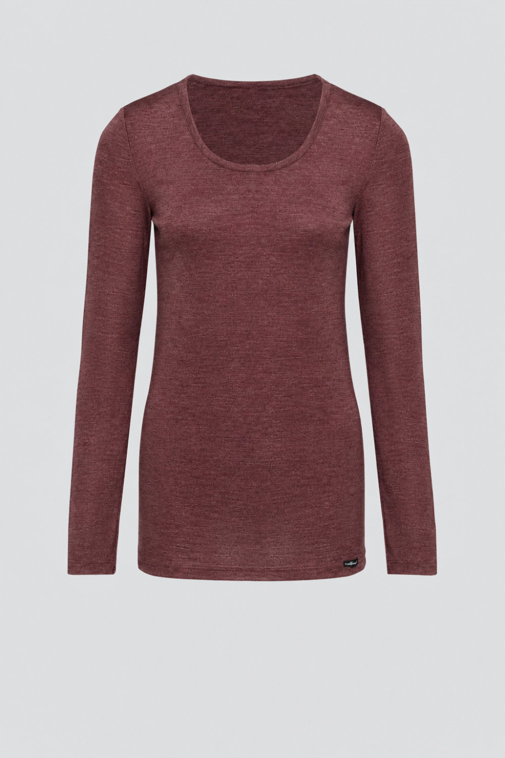 Produktbild Vorderansicht Wolle-Seide Shirt von Comazo in der Farbe Kastanie mit Rundhalsausschnitt, Wolle aus garantiert schonender Schermethode