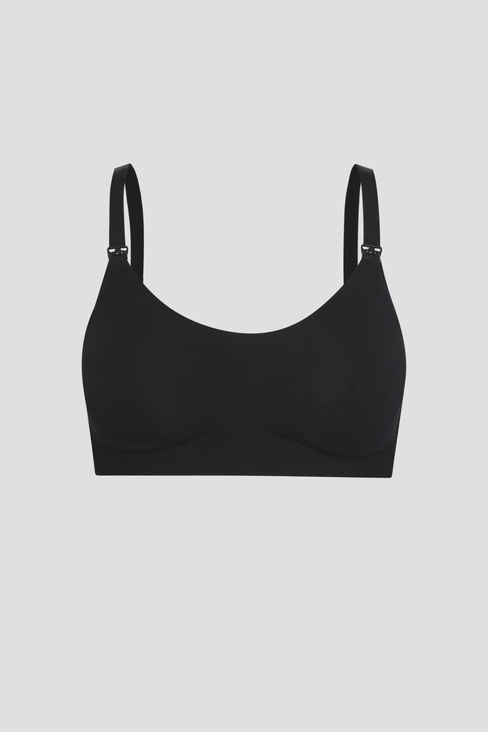 Produktbild Vorderansicht Fairtrade Still-BH von Comazo in der Farbe Schwarz ohne Bügel,  mit einhändig bedienbarem Klick-Verschluss