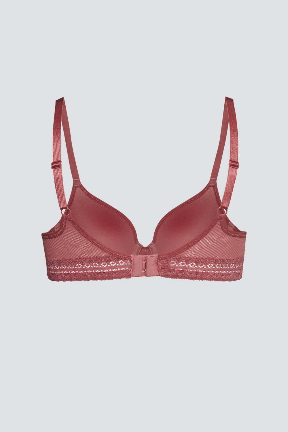 Produktbild Rückansicht Schalen-BH von Comazo in der Farbe Marsala mit verführerischen Spitzendetails und grafischem Muster