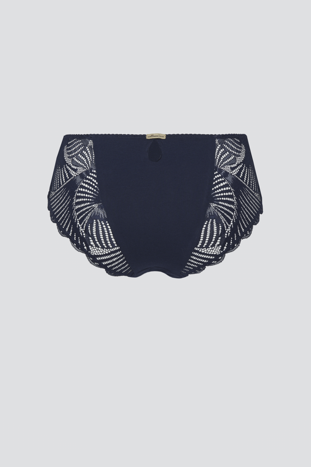 Produktbild Rückansicht Fairtrade Brasil-Slip von Comazo in der Farbe Night Blue mit seitlichen Spitzeneinsätzen und Zieröffnung in der hinteren Mitte