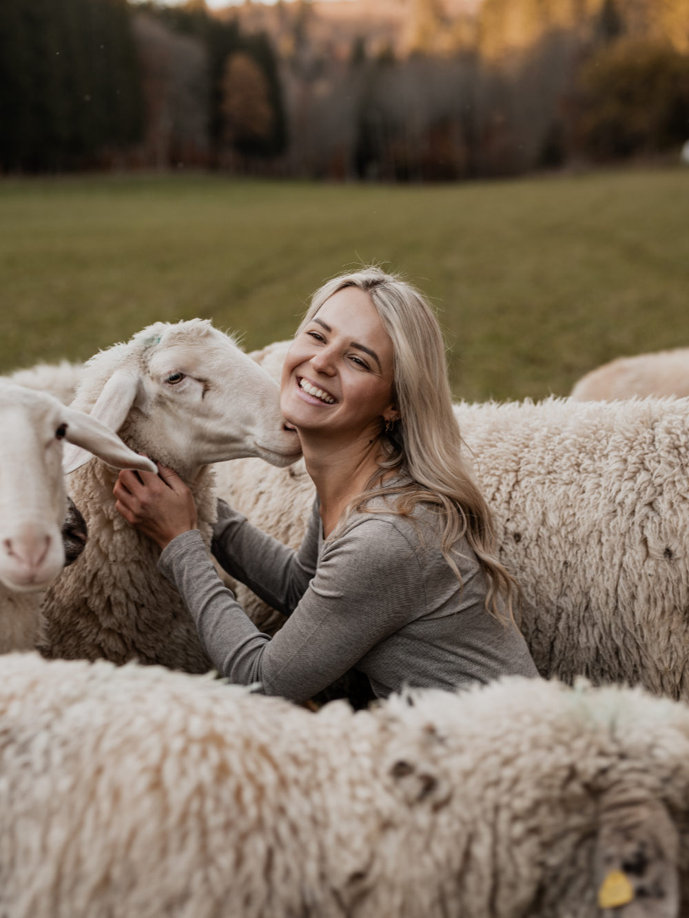 Vorderansicht mit Schafen im Hintergrund: Frau trägt  Shirt mit Wolle-Seide von Comazo in der Farbe Nougat-Melange
