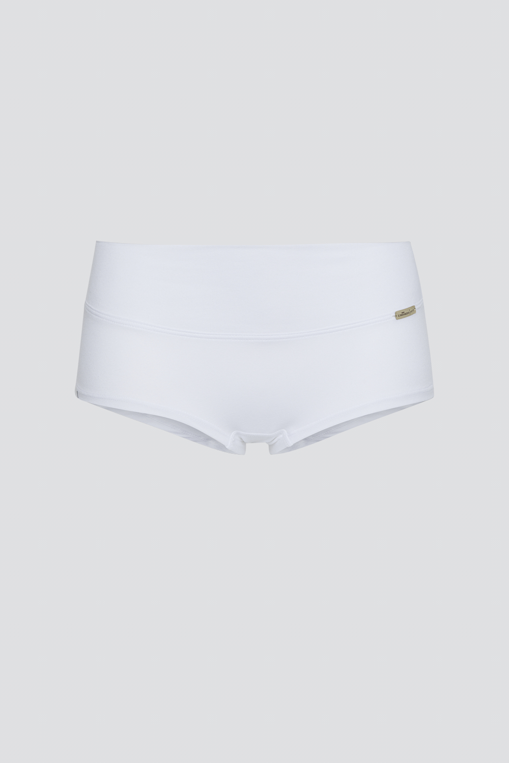 Produktbild Vorderansicht Fairtrade  Umstands-Pants von Comazo in der Farbe Weiß mit extra hohem Leib im Vorderteil