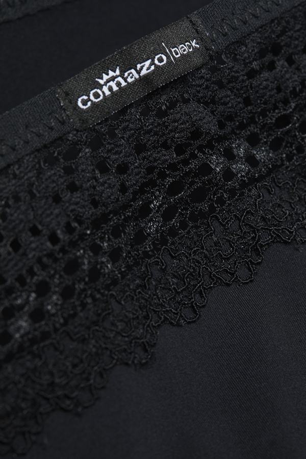 Close-up image of lace: Panty by Comazo in black with beautiful lace details.