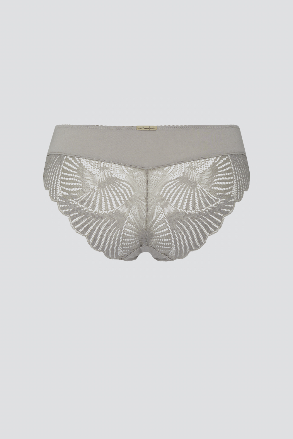 Produktbild Rückansicht Fairtrade Mini-Slip von Comazo in der Farbe Stone mit Spitzeneinsätzen