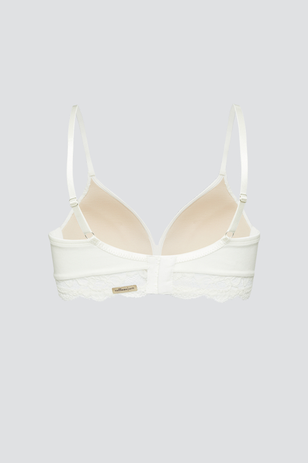 Produktbild Rückansicht  Fairtrade BH mit Bügel von Comazo in der Farbe Champagner mit Zierschleife und mit Spitze bezogenen Cups.