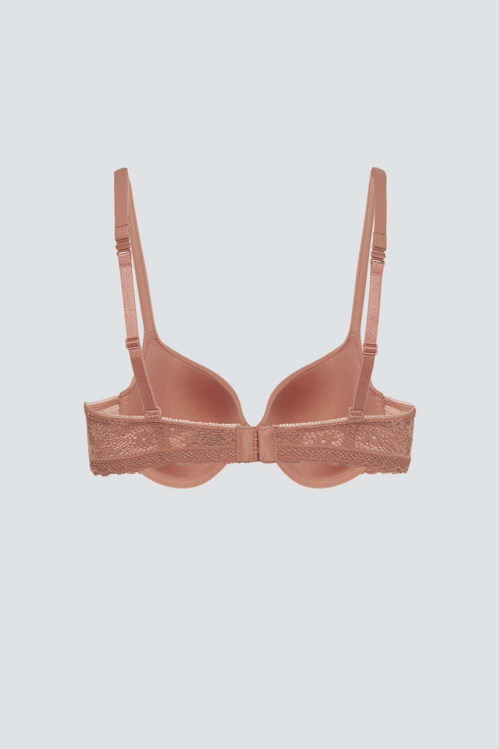 Produktbild Rückansicht BH von Comazo in der Farbe Guave mit zarter Spitze und Zierschleife.