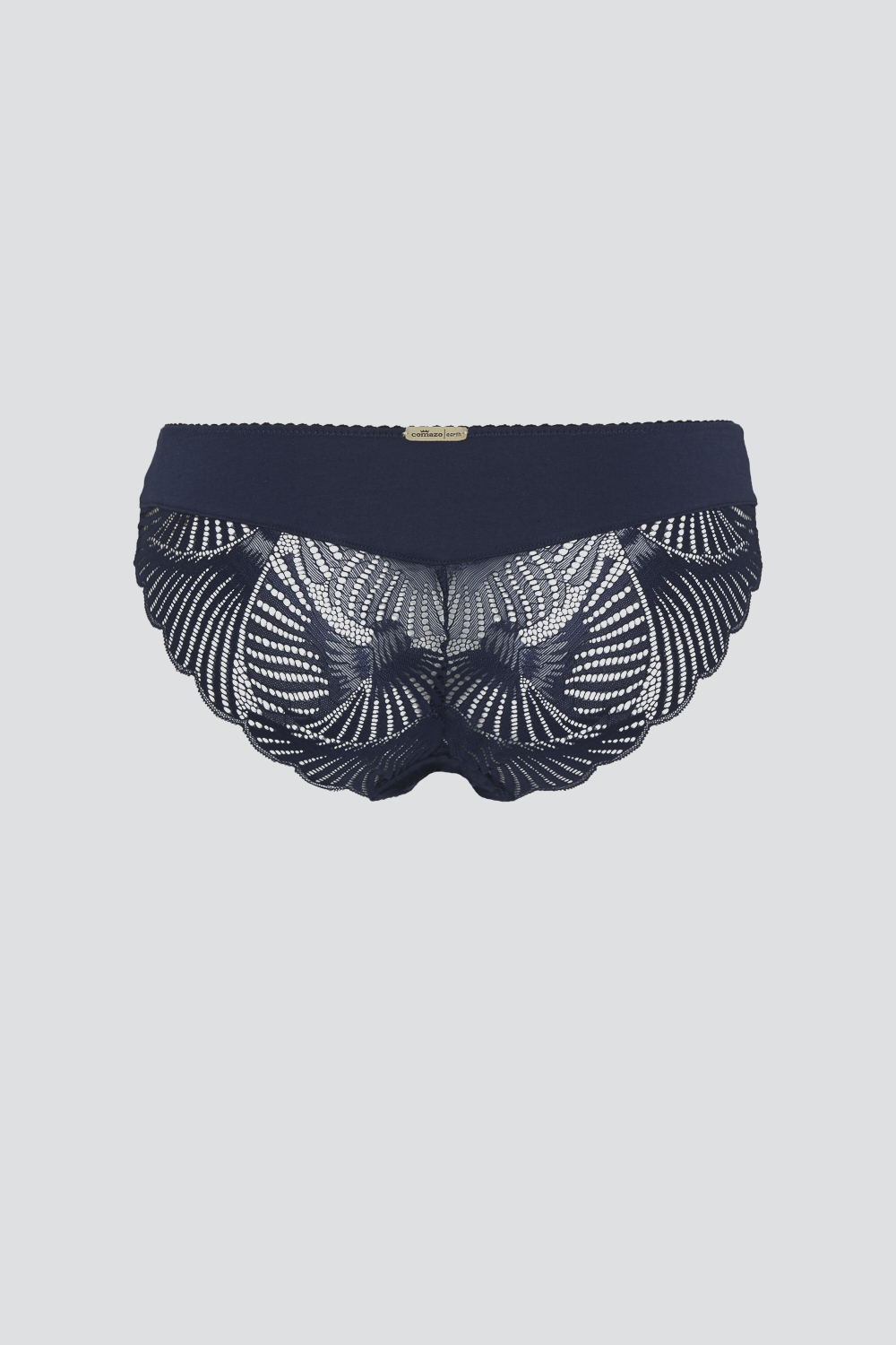 Produktbild Rückansicht Fairtrade Mini-Slip von Comazo in der Farbe Night Blue mit Spitzeneinsätzen