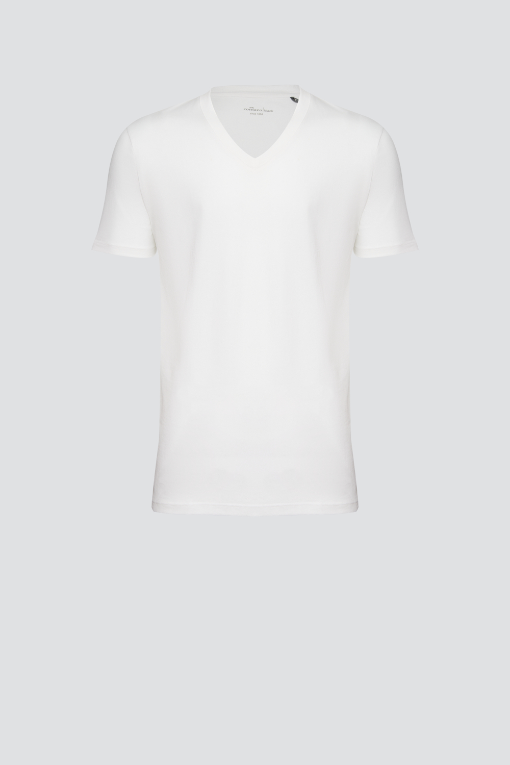 Produktbild Vorderansicht Comazo Herren Basic Shirt kurzarm V-Hals Ausschnitt Farbe Weiß aus Baumwolle