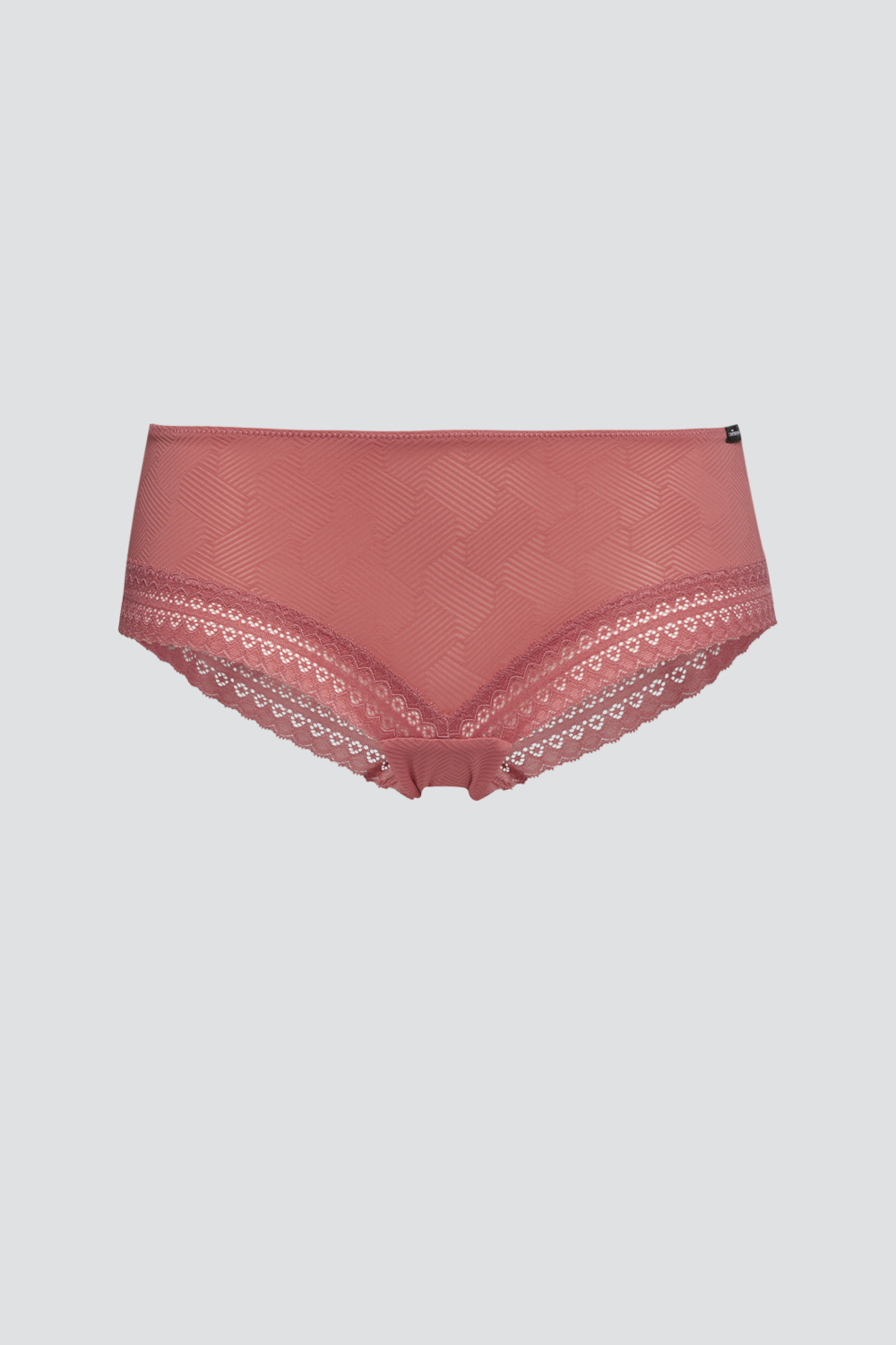 Produktbild Vorderansicht Panty von Comazo in der Farbe Marsala mit verführerischen Spitzendetails und grafischem Muster