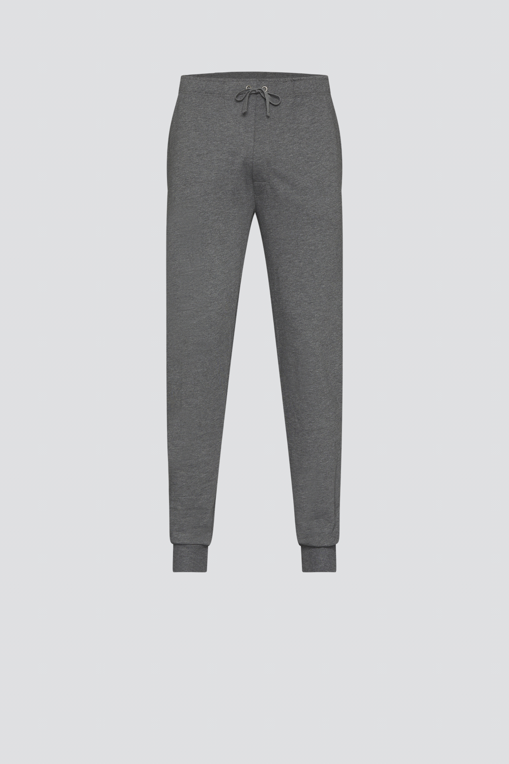 Produktbild Vorderansicht Hose lang mit Bündchen von Comazo in der Farbe Grau-Melange mit Kordelzug und seitlichen Eingriffstaschen