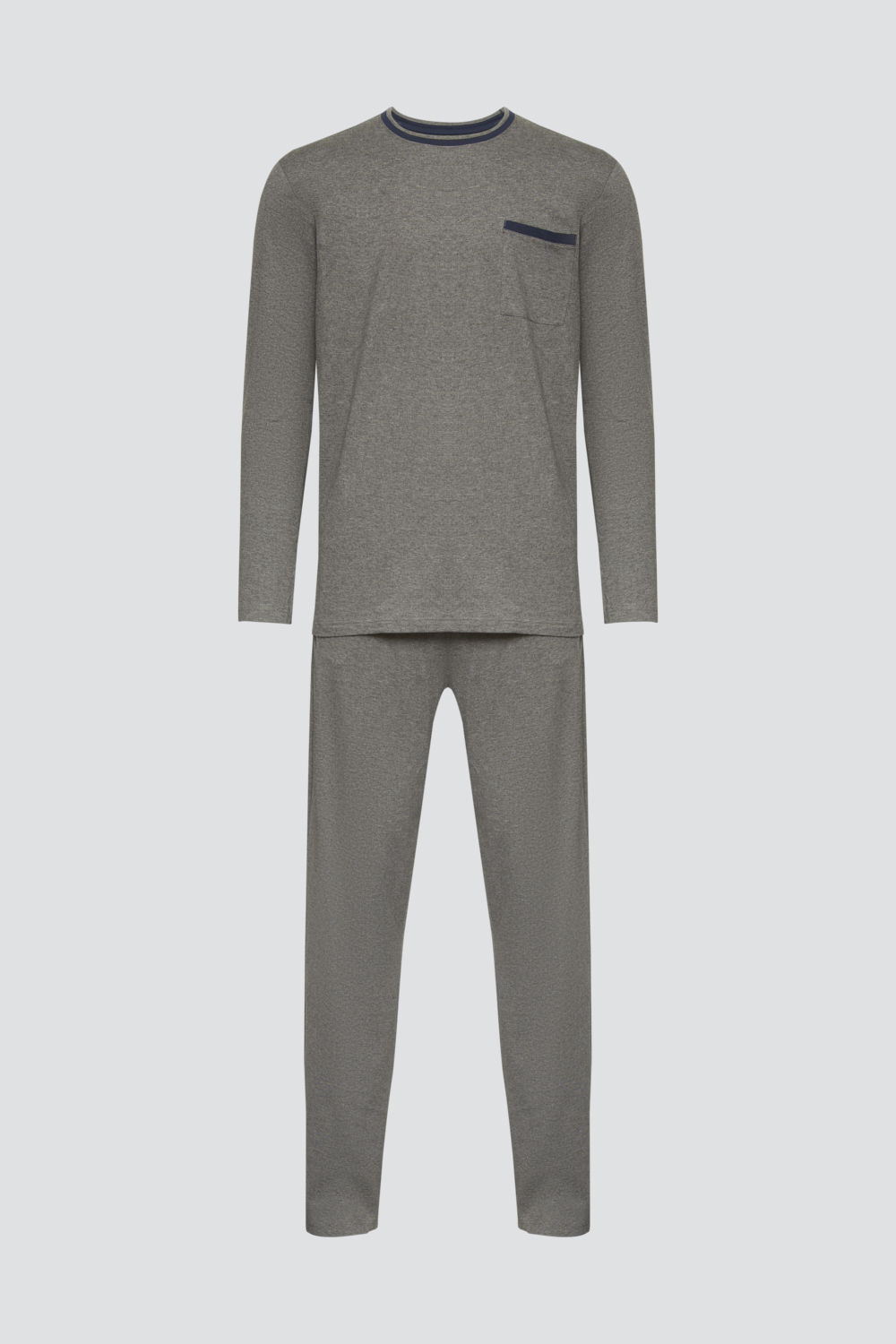 Produktbild Vorderansicht Comazo Herren Schlafanzug lang aus 100% Baumwolle Farbe Grau-Melange