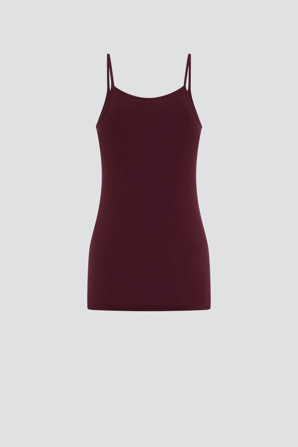 Produktbild Rückansicht Fairtrade Unterhemd Spaghettiträger von Comazo in der Farbe Burgund aus 100% Baumwolle in Feinripp-Qualität