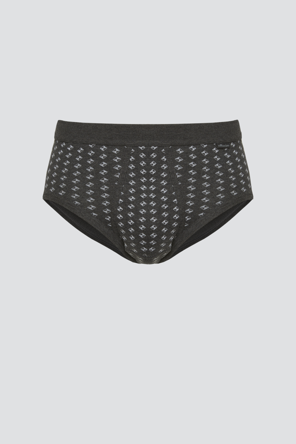 Produktbild Vorderansicht Comazo Herren Slip mit Eingriff aus 100% Baumwolle Farbe Dunkelgrau-Melange mit Muster