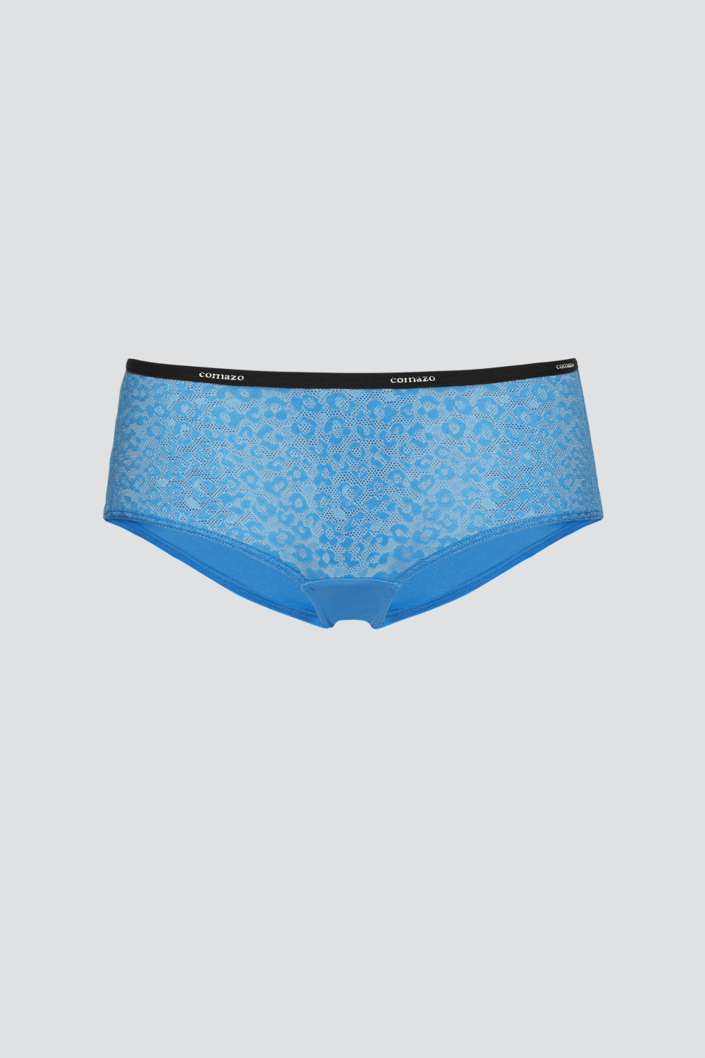 Produktbild Vorderansicht Panty mit Microfaser-Touch von Comazo in der Farbe Pacific Blue mit schwarzem Bund mit Comazo-Logo Druck und Leo-Spitze im Vorderteil