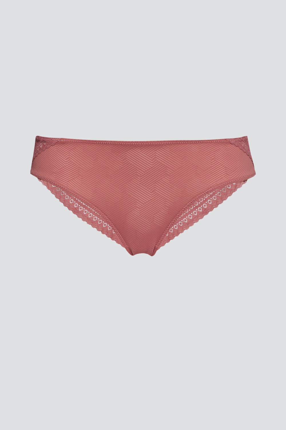 Produktbild Vorderansicht Jazz-Pants von Comazo in der Farbe Marsala mit verführerischen Spitzendetails und grafischem Muster