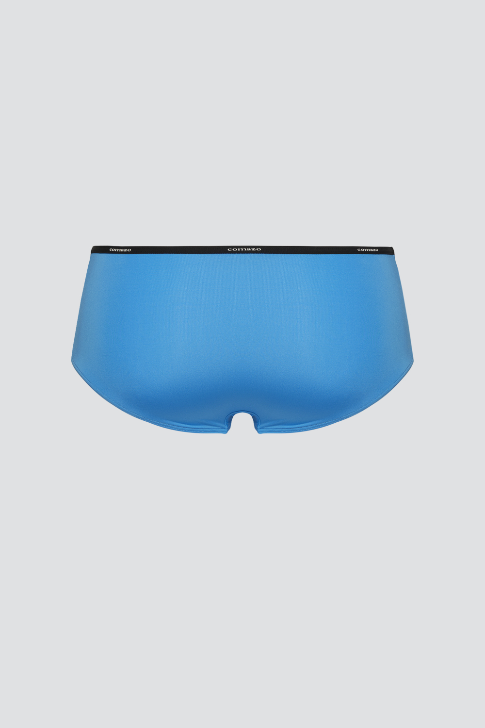 Produktbild Rückansicht Panty mit Microfaser-Touch von Comazo in der Farbe Pacific Blue mit schwarzem Bund mit Comazo-Logo Druck und Leo-Spitze im Vorderteil