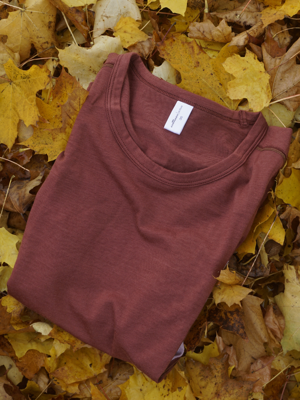 Gefaltetes Funktionsshirt von Comazo in herbstlichen Blättern – warme und atmungsaktive Wäsche für kühle Tage.