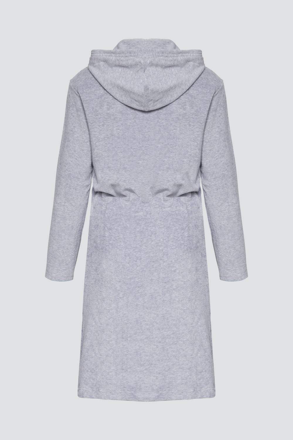 Produktbild Rückansicht Bademantel mit Kapuze von Comazo in der Farbe Grau-Melange mit Kordelzug an der Teile und Zwei-Wege-Reißverschluss