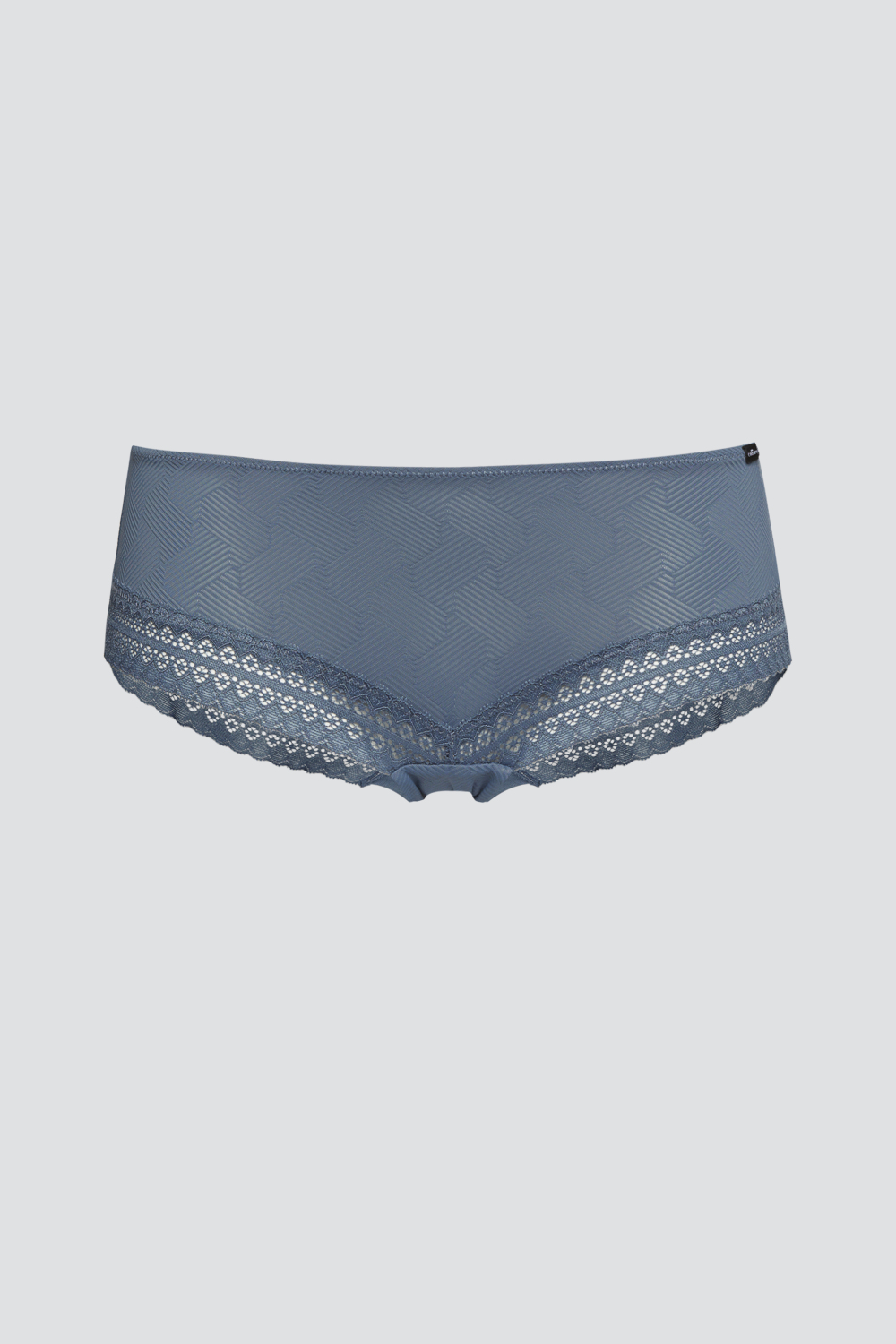 Produktbild Vorderansicht Panty von Comazo in der Farbe Stahl mit verführerischen Spitzendetails und grafischem Muster
