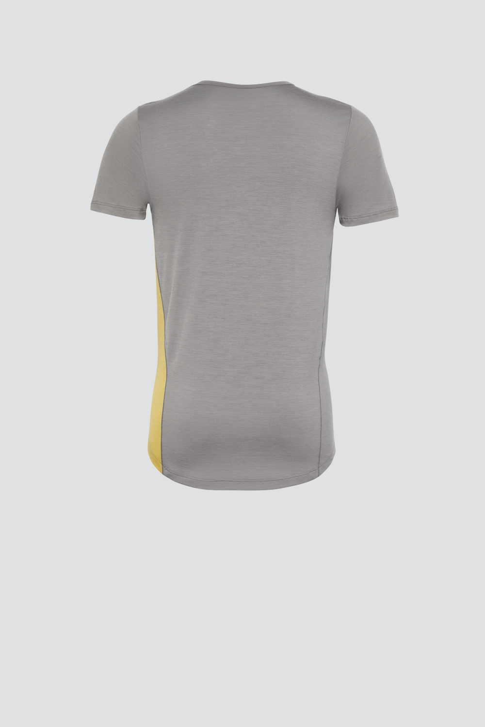 Produktbild Rückansicht Shirt kurzarm aus Merinowolle von Comazo in der Farbe Steelgrey/Senf mit längerem Rückenteil und Rundhalsausschnitt