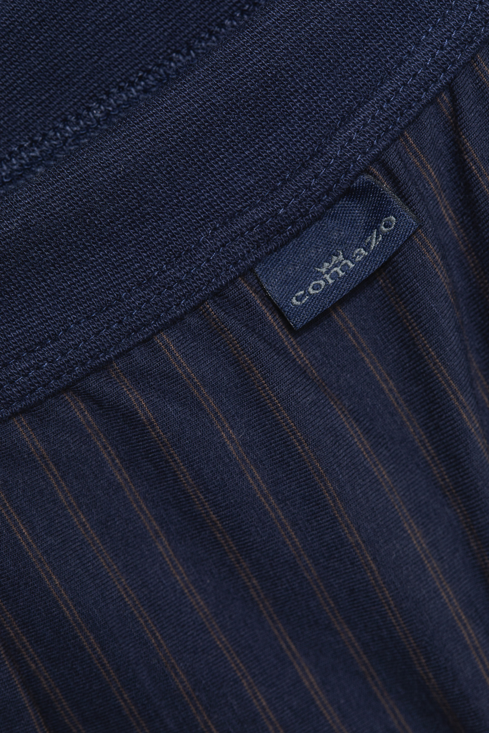 Detail image of Jazz pants by Comazo in navy/chocolate with stripes, made from 100% cotton.