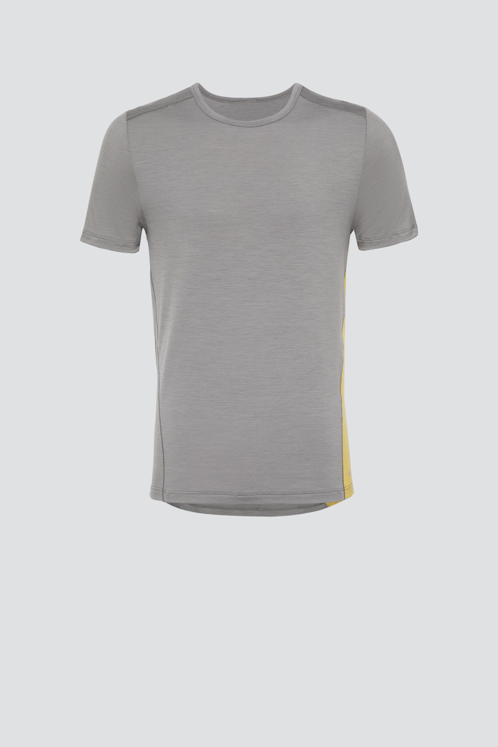 Produktbild Vorderansicht Shirt kurzarm aus Merinowolle von Comazo in der Farbe Steelgrey/Senf mit längerem Rückenteil und Rundhalsausschnitt