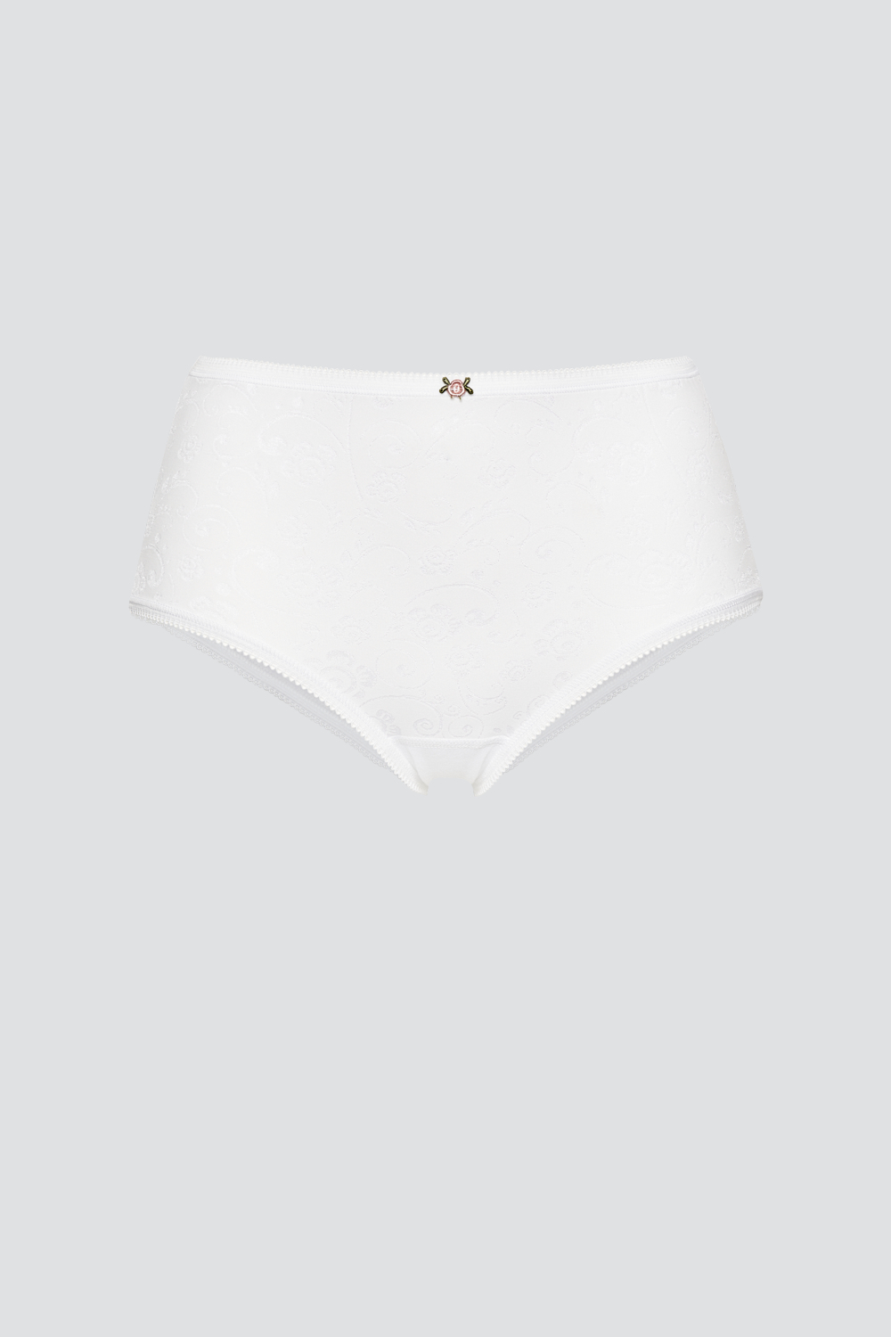 Produktbild Vorderseite Taillen-Slip von Comazo in der Farbe Weiß aus 100% Baumwolle mit zartem Stickblümchen.