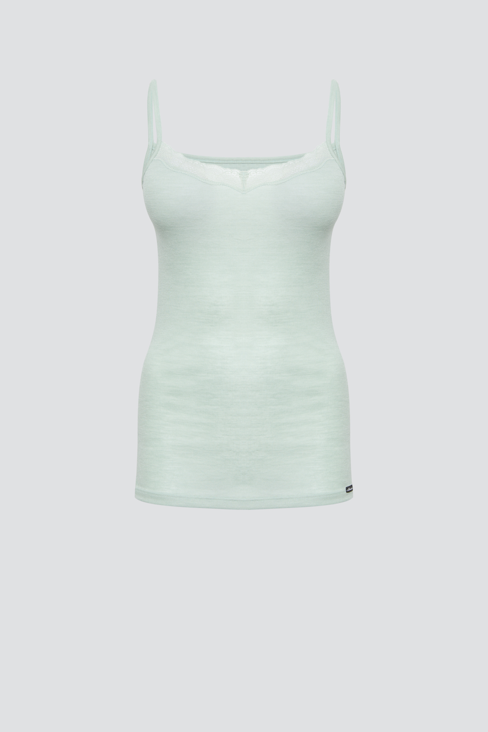 Produktbild Vorderansicht Comazo Damen Merinowolle-Seide Unterhemd Spaghettiträger mit Spitze Farbe Salbei