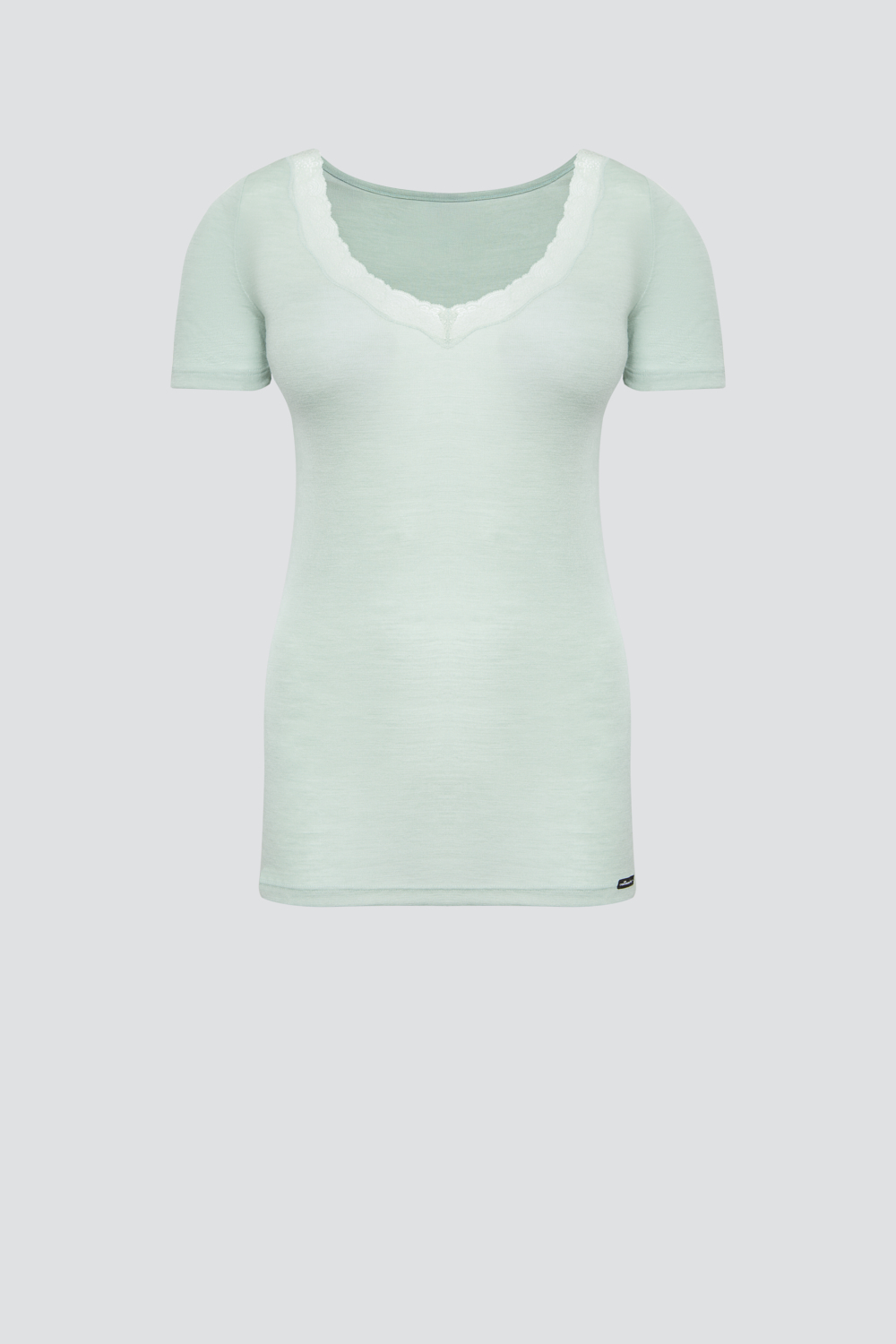 Produktbild Vorderansicht Comazo Damen Merinowolle-Seide Shirt mit Spitze Farbe Salbei