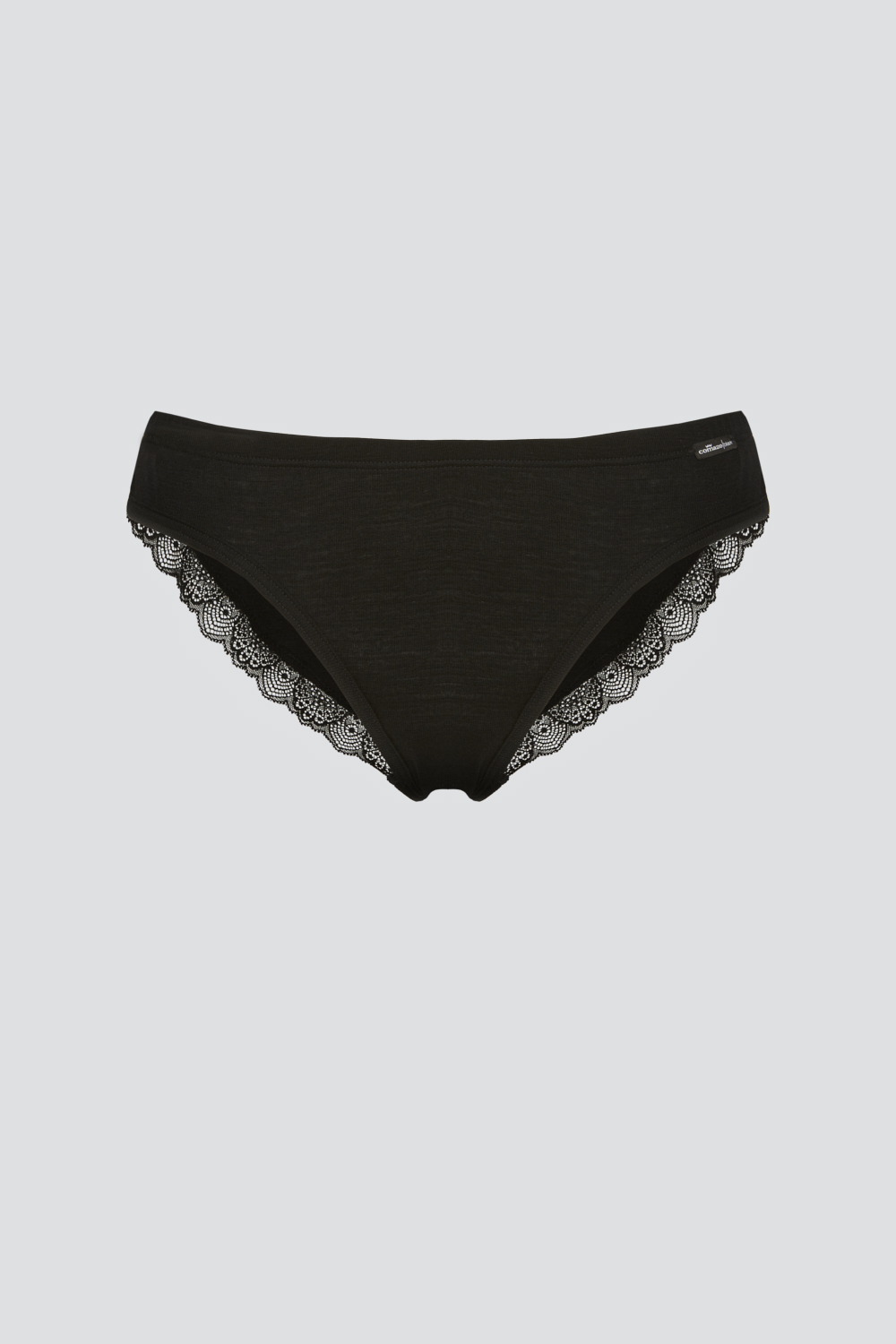 Produktbild Vorderansicht Wolle-Seide Jazz-Pants von Comazo in der Farbe Schwarz mit feiner Spitze an den hinteren Beinabschlüssen, Wolle aus garantiert schonender Schermethode