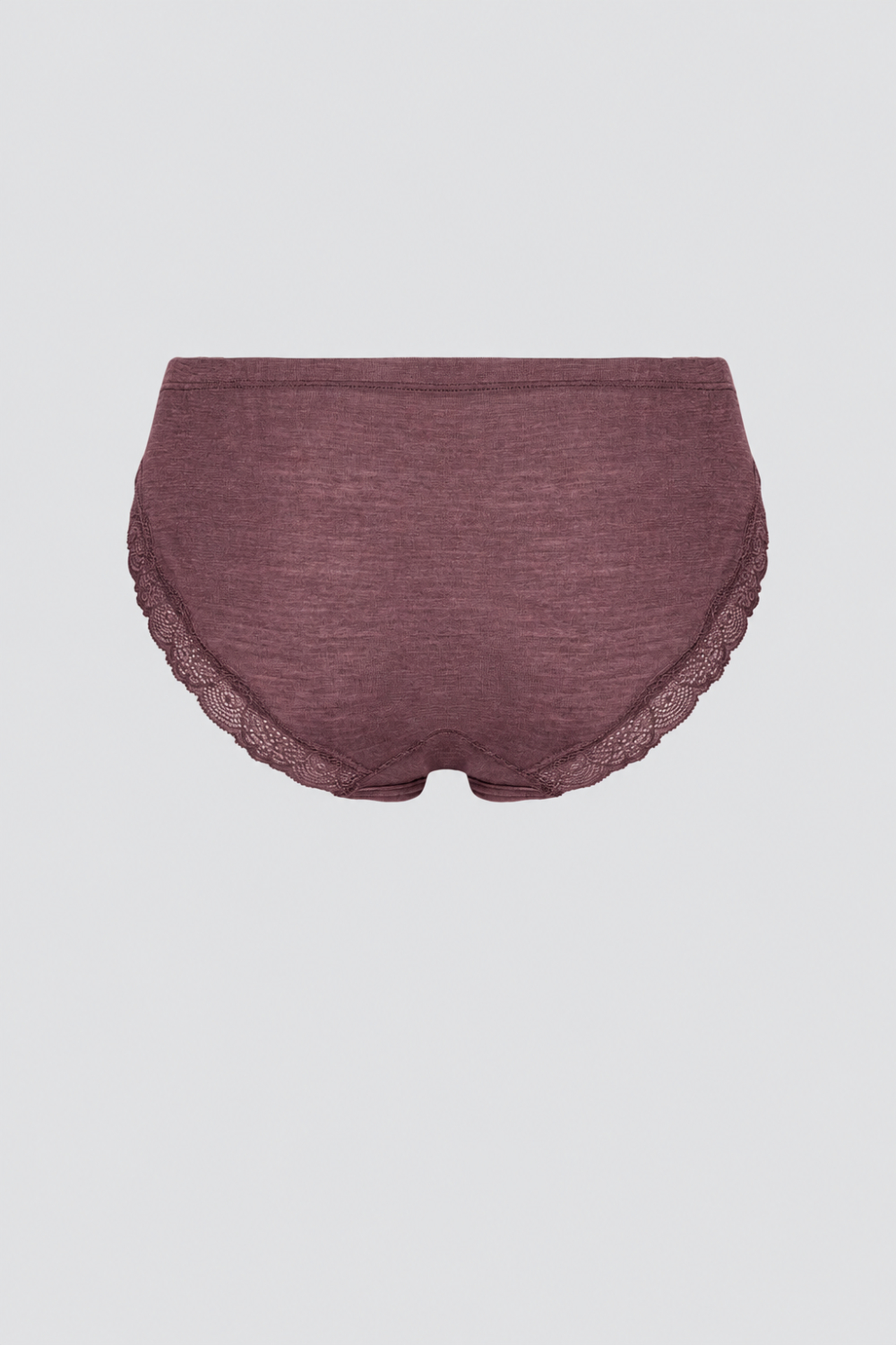 Produktbild Rückansicht Wolle-Seide Jazz-Pants von Comazo in der Farbe Kastanie mit feiner Spitze an den hinteren Beinabschlüssen, Wolle aus garantiert schonender Schermethode