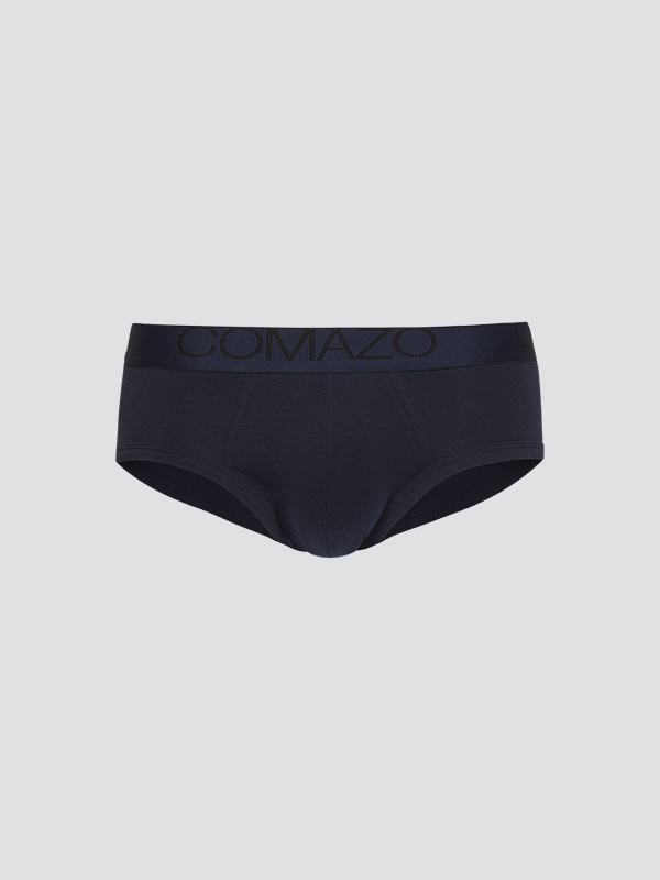 Product image front view of retro briefs by Comazo in navy with logo waistband