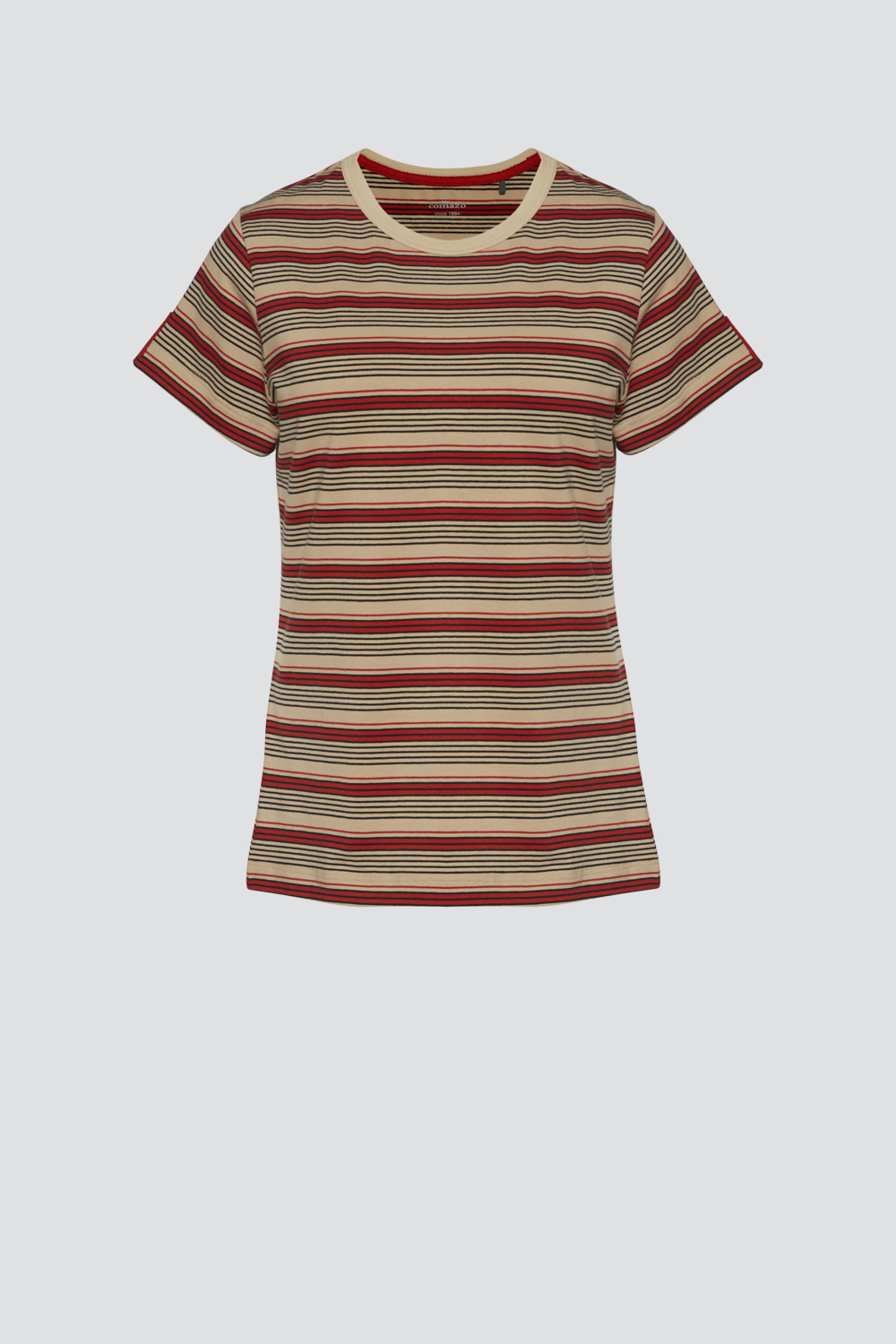 Product image front view of Comazo women's short-sleeve shirt in beige/red striped color.